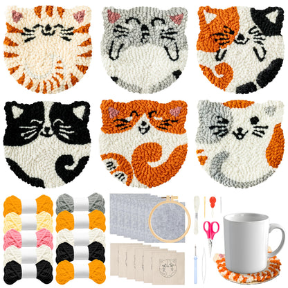 WATINC Cats Punch Needle Coaster Kit - 22Pcs Easy Art Work Decor Craft Supply for Beginners, DIY Set of 6 Puppy Pets Pattern Tufted Rug Pads with Adhesive Felt Yarns Embroidery Hoop Tools Instruction