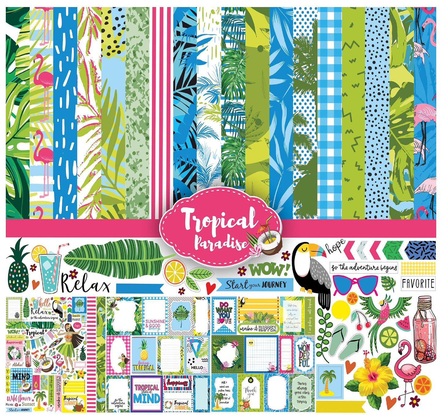 Inkdotpot Tropical Paradise Collection Double-Sided Scrapbook Paper Kit Cardstock 12"x12" Card Making Paper Pack with Sticker Sheet - 16 Pages - Blue & Green