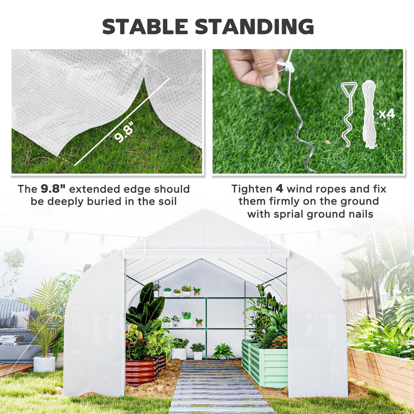Outsunny 20' x 10' x 7' Outdoor Walk-in Greenhouse, Tunnel Green House with Roll-up Windows, Zippered Door, PE Cover, Heavy Duty Steel Frame, White