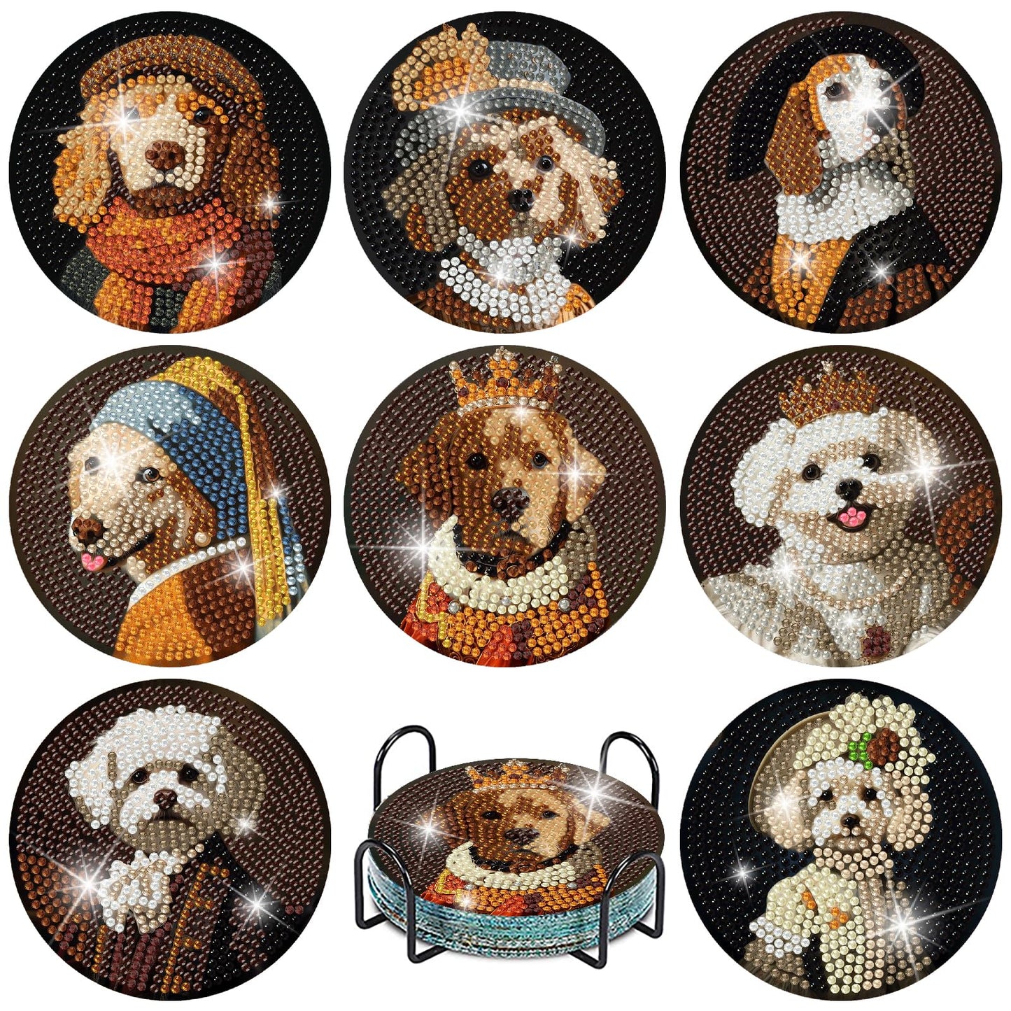 Yijingtop Retro Dog Diamond Art Painting Coasters Kit, 8 Pieces Puppy Diamond Art Coasters with Holder, DIY Funny Dog Small Diamond Art for Beginners