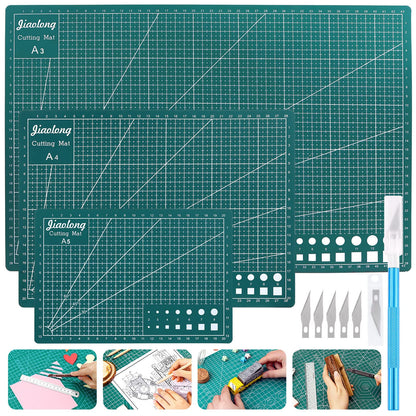 Mardatt 3Pcs A3 A4 A5 PVC Self Healing Cutting Mat with Precision Carving Knife, 5-Ply Double Sided Non-Slip Cutting Board Mat with Grid for Crafts Sewing Quilting Fabric（Green）