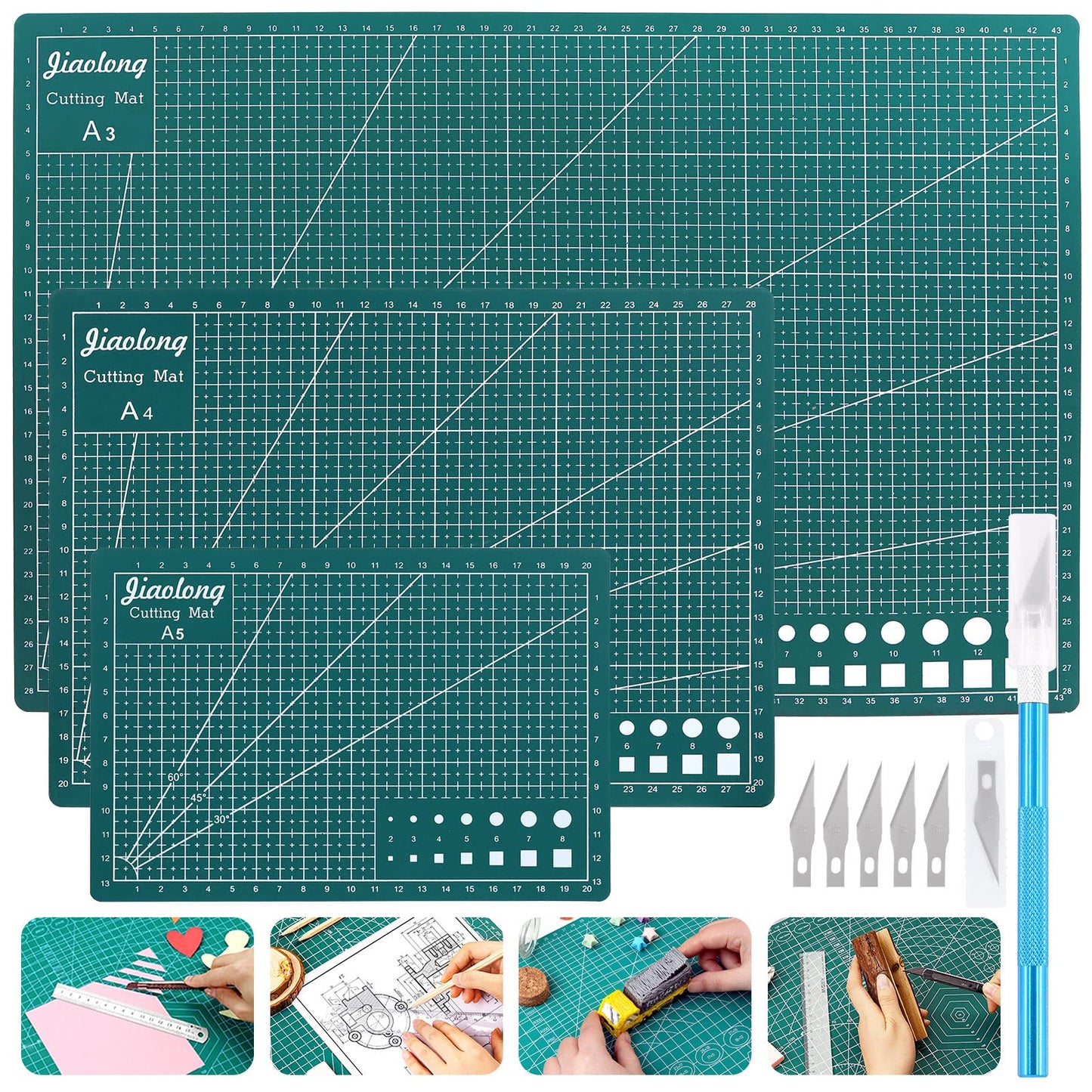 Mardatt 3Pcs A3 A4 A5 PVC Self Healing Cutting Mat with Precision Carving Knife, 5-Ply Double Sided Non-Slip Cutting Board Mat with Grid for Crafts Sewing Quilting Fabric（Green）