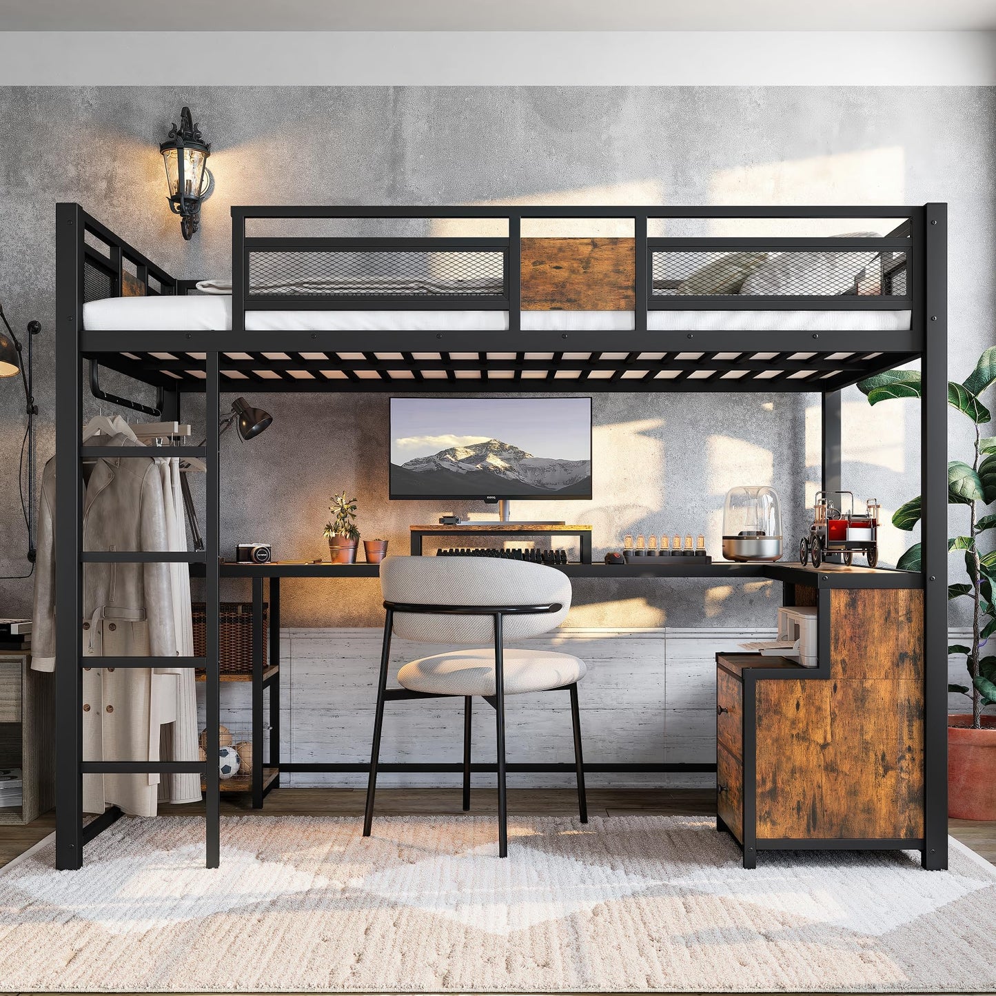 KEIKI Twin XL Loft Bed with L-Shaped Desk & Storage, Metal Frame with Ladder & Safety Rails, Space-Saving Industrial Loft Bed with Drawers for Teens, Adults, Black