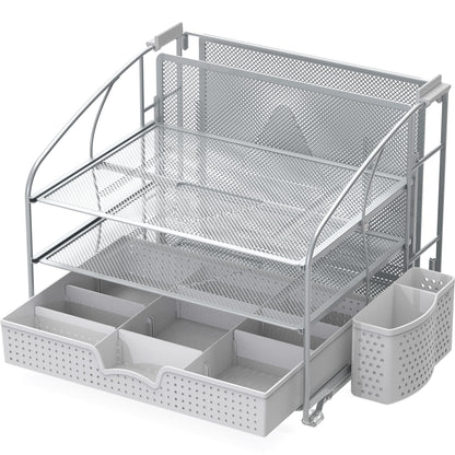 Simple Houseware 3-Tier Desk Organizer with Sliding Drawer, Hanging File Holder and Pen Holder Accessory, Silver