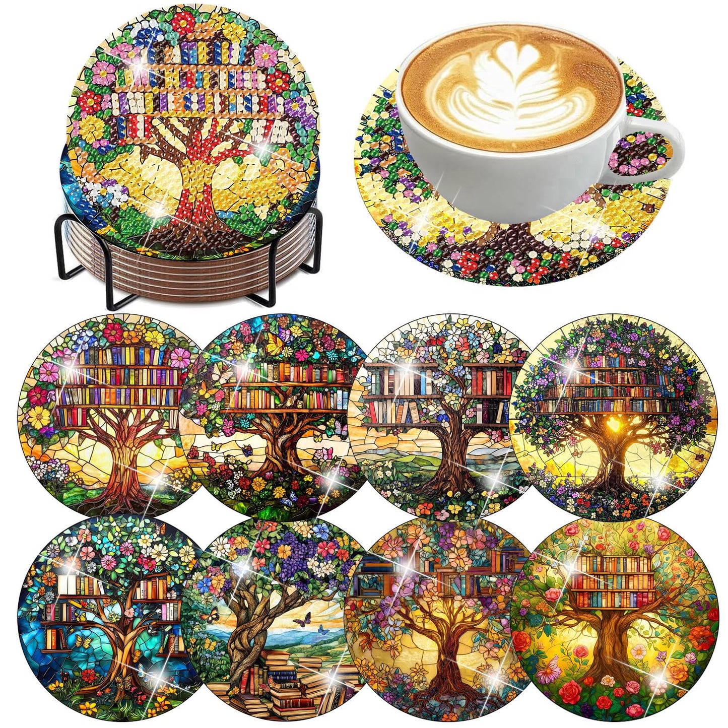 ijbnhd 8 Pcs Diamond Art Coasters Kits, Tree of Life Diamond Painting Coasters Kit with Holder, Diamonds Art Non Slip Coaster Crafts Kits for Adults Gifts 4x4 inch (Cork Wooden Pad)