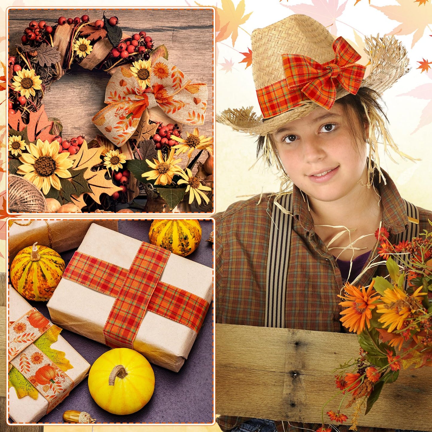 Riceshoot 3 Rolls Thanksgiving Pumpkin Wired Ribbons 2.5 Inch x 30 Yards Fall Pumpkin Buffalo Plaid Ribbon Autumn Harvest Crafts for Wreaths Bow Making Supplies Gifts Wrapping Decoration