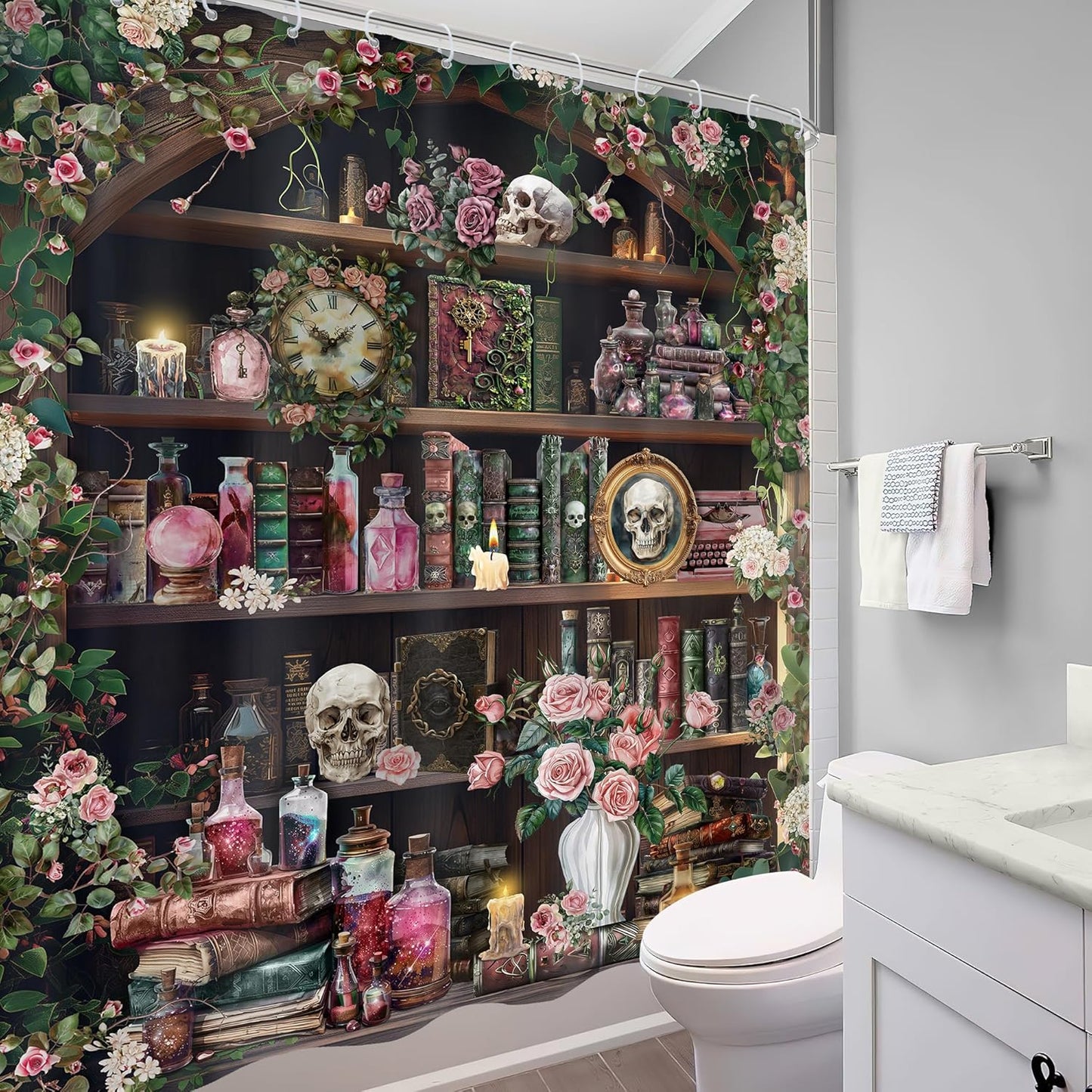 60Wx72H 12 Pack Gothic Skull Shower Curtain Witchy Spooky Pink Rose Vintage Retro Wizard Magic Bookshelf Succulent