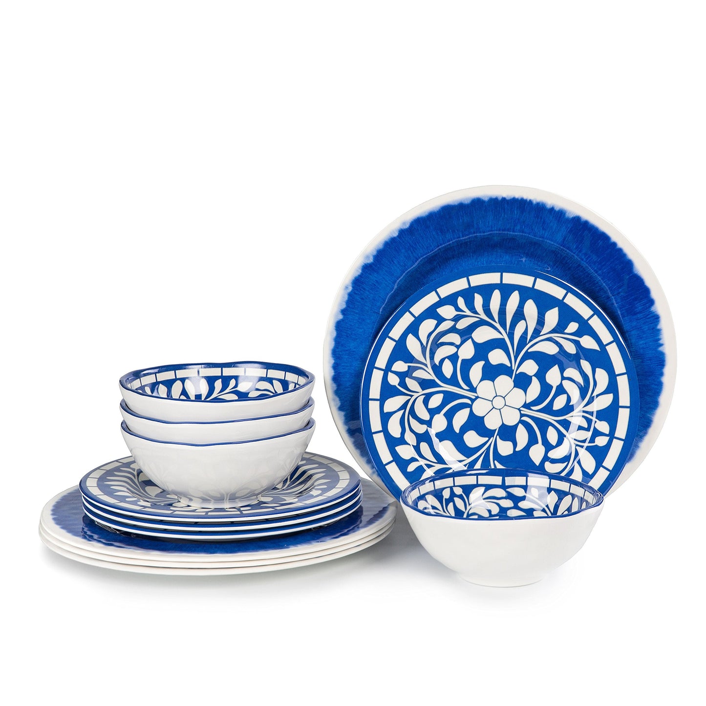 Yinshine Melamine Dinnerware Set - 12 Pcs Dinner Dishes Set for 4, Plates and Bowls Set for Indoor & Outdoor Use- Dishwasher Safe, Unbreakable, Blue
