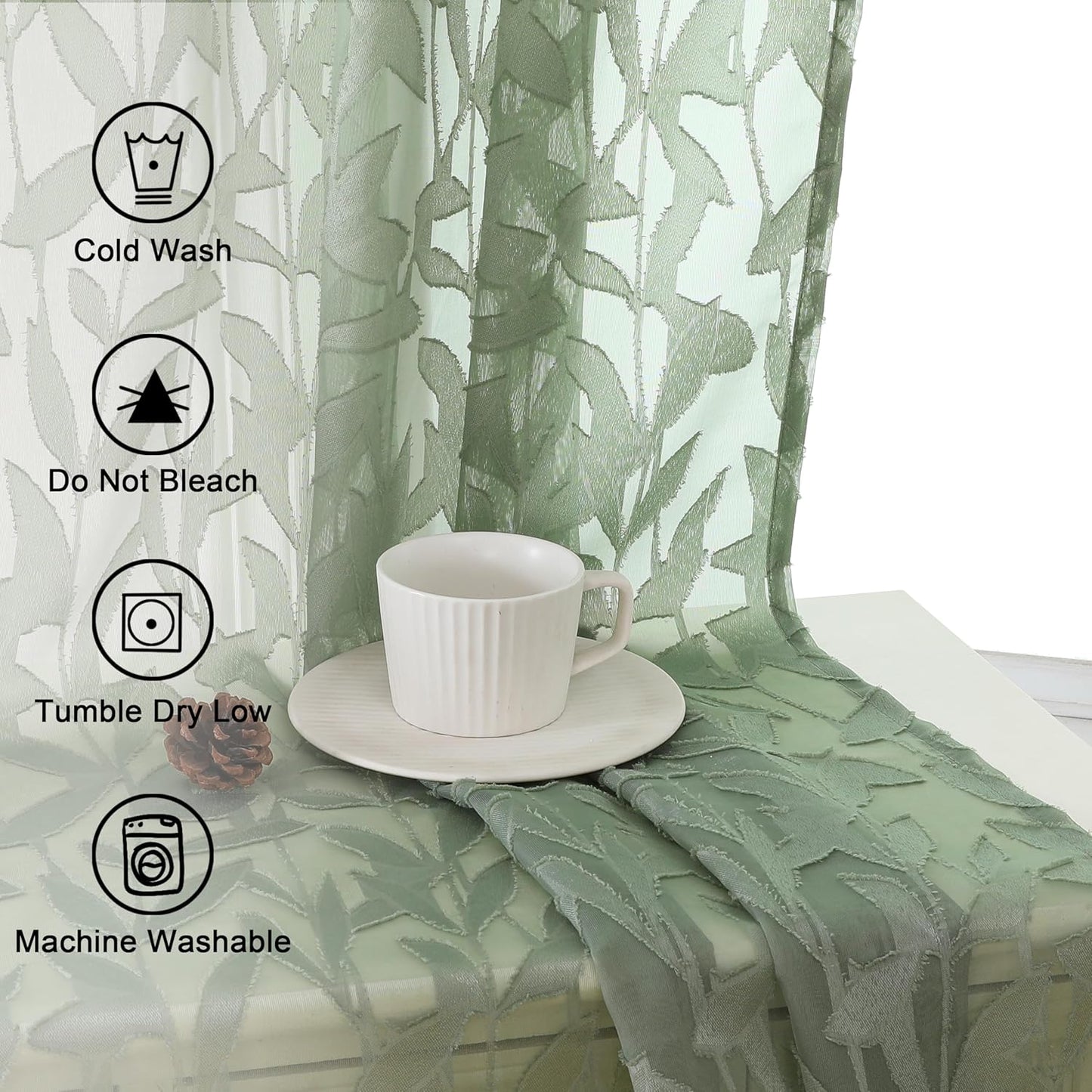 Leia 72 Inch Sheer Curtains Sage Green Panels Set of 2, Double Rod Pocket Window Living Room Curtain with Leaves, Light
