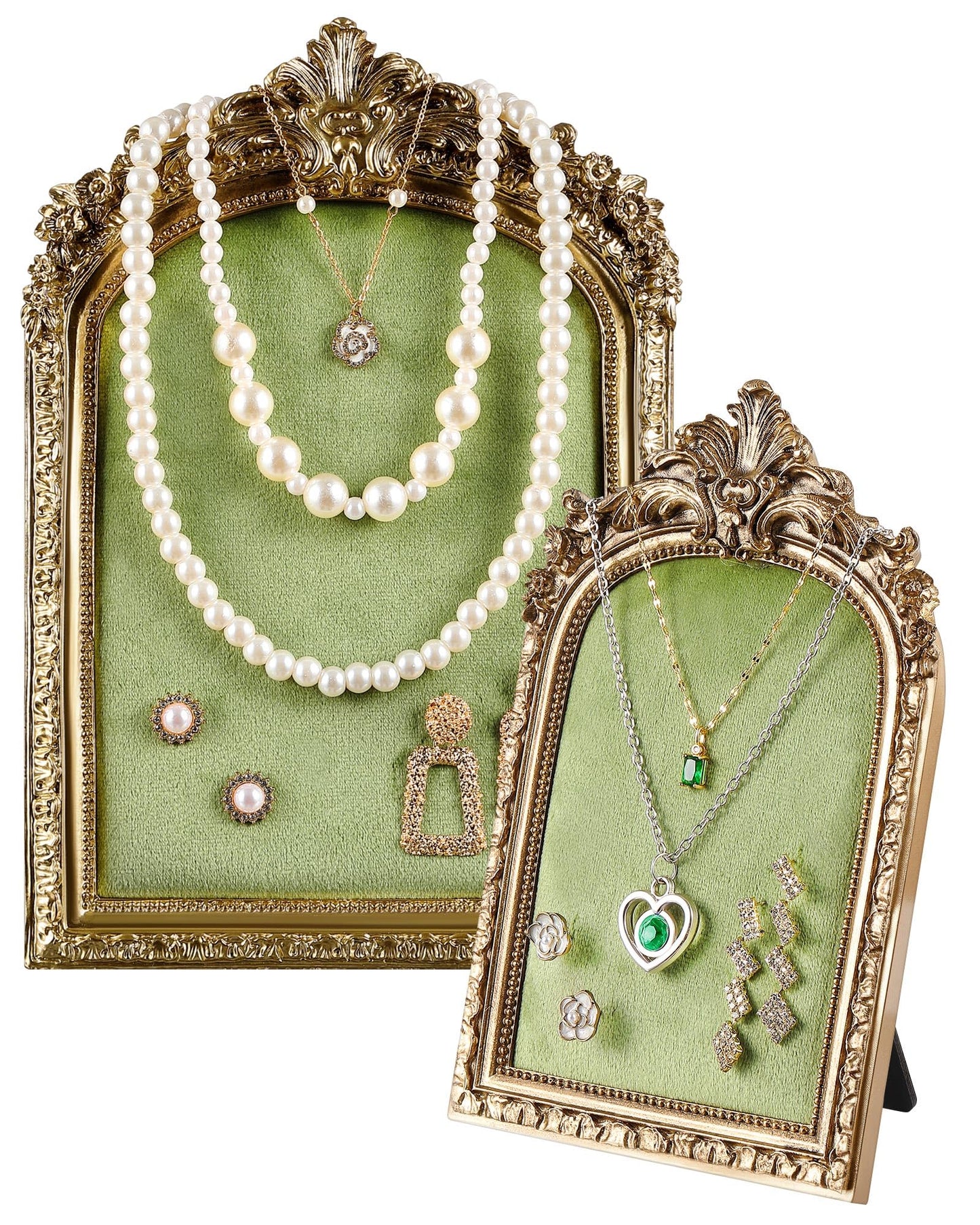 Wonderjune 2 Pcs Gold Jewelry Display Stand Vintage Necklace Organizer Ring Holder Earring Tray Resin Jewelry Photography Props Frame with Velvet Backing for Gifts(Green,Large,Small,Elegant)