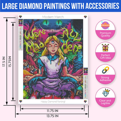 Modern Merch Alice in Wonderland Diamond Art Kits for Adults 'We're All Mad Here' 5D Diamond Painting for Adults, DIY Trippy Wall Art, Cross Stitch Gem Art, Full Round Drill 12x16