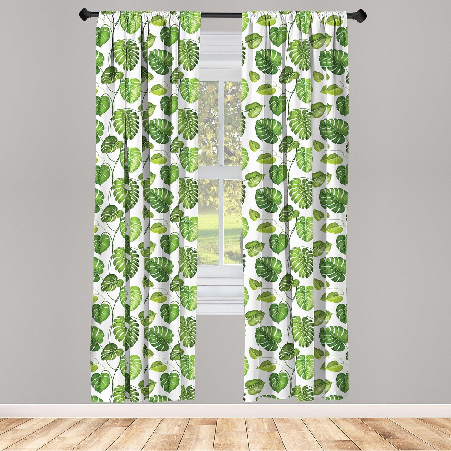 Lunarable Leaf Window Curtains, Tropical Jungle Rainforest Leaves Art Print, 2-Panel Set, 28" x 63", Green White