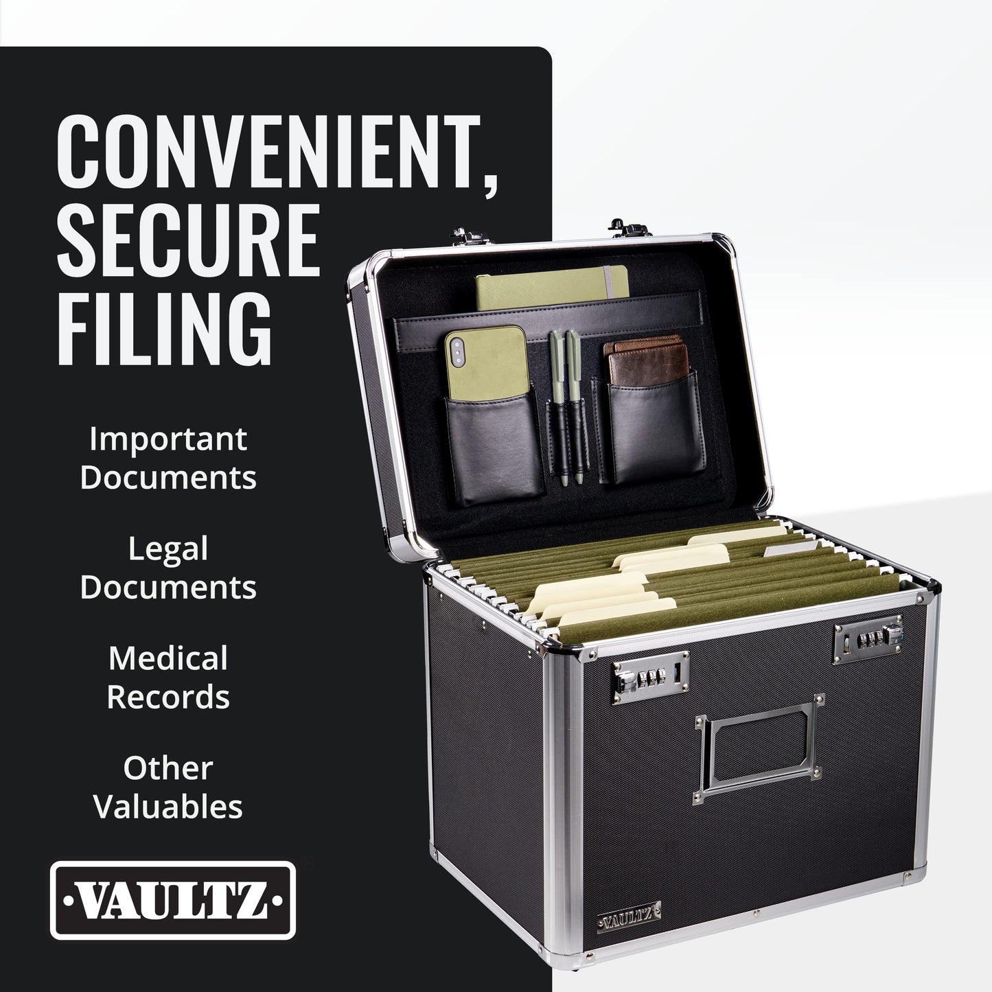 Vaultz Locking File Organizer Box - 13.5 x 13.25 x 10.5 Inch Large, Portable Locking Storage Box for Filing Letters & Documents w/Combination Lock, Black