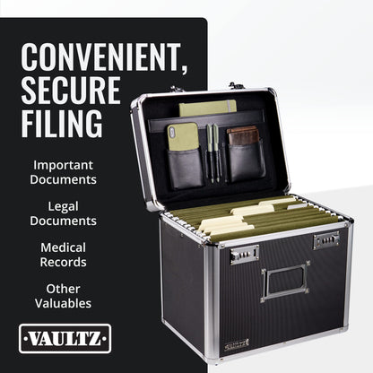 Vaultz Locking File Organizer Box - 13.5 x 13.25 x 10.5 Inch Large, Portable Locking Storage Box for Filing Letters & Documents w/Combination Lock, Black