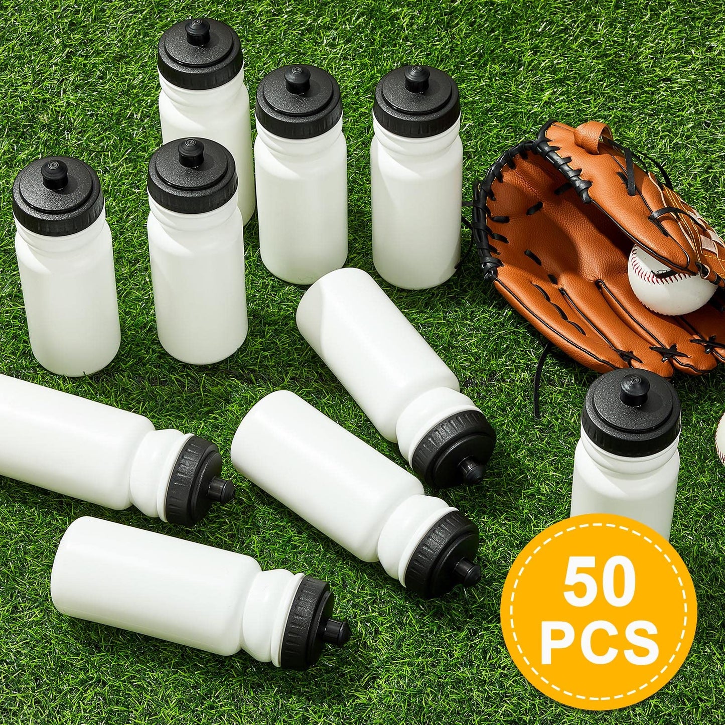 Suclain 50 Pieces Sports Water Bottles 20 oz Water Bottles Squeeze in Bulk Reusable Plastic Water Bottles BPA Free Blank Water Bottles for Major Sporting Events Adults(Black-White)