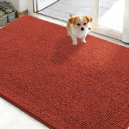 OLANLY Dog Door Mat - Absorbent Non-Slip Chenille Mat for Muddy Paws | 50x30, Quick Dry, Maple Red