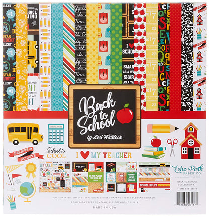 Echo Park Paper Company Back to School Collection Kit paper, 2-x-2, Blue/Black/Red/Green/Yellow, 12-x-12"