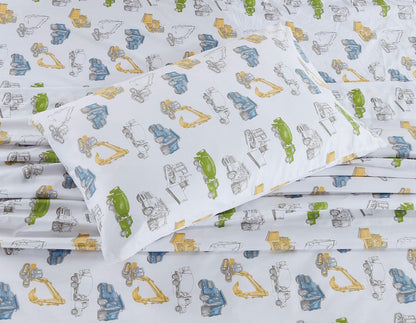 Linen Plus Set Bulldozer Sheet Kids/Teen Excavator Cement Dump Construction Vehicles White Green Yellow Blue New #