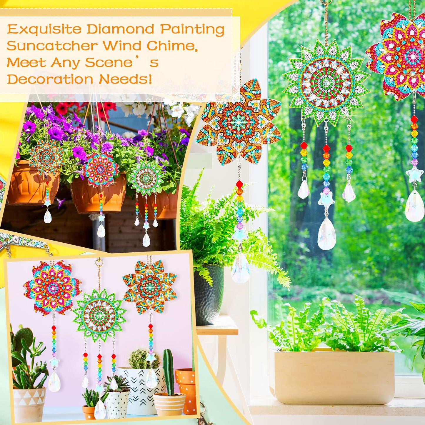 Macarrie 3 Pack Diamond Painting Suncatcher Spring Diamond Art Sets Painting Suncatcher Rhinestone Wind Chime Double Sided Crystal Hang Ornament Flower Crystal Kit Gifts for DIY Window(Stylish Style)