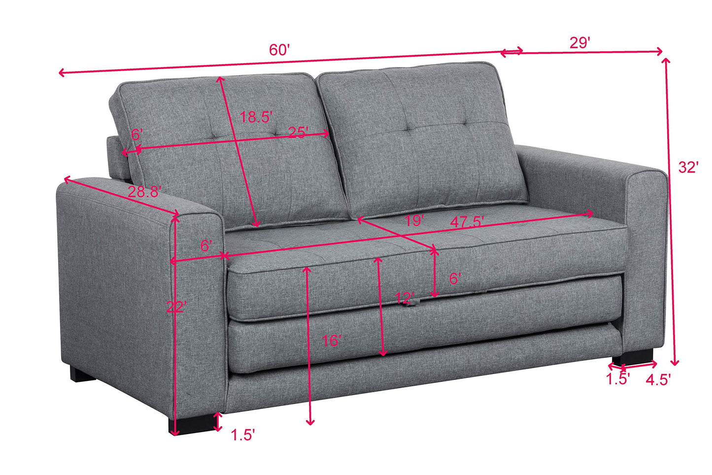 Container Furniture Direct Linen 58" Wide Linen Square Arm Fold Out Loveseat Sofa Bed, Light Grey