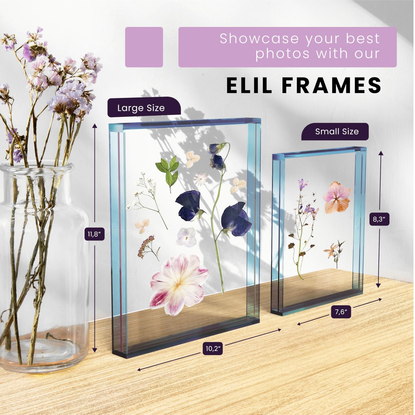 Elil 5x7 Acrylic Picture Frame – Blue Floating Polaroid Fujifilm Instax Display 8.3" x 7.6" Holds 5x7 Photo or 6 Mini or Go Print Double-Sided Collage for Desk Wedding Anniversary Graduation