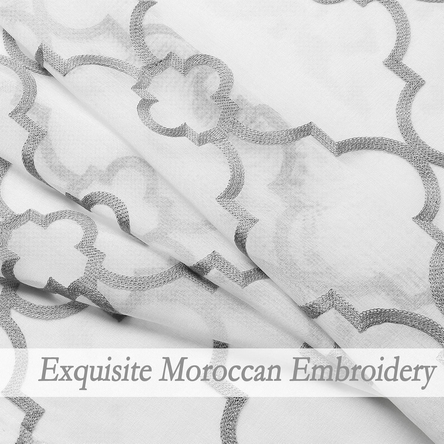 Moroccan Embroidered Semi Sheer Curtains, 108" Long Linen Textured Grey White Geometric Drapes for Living Room