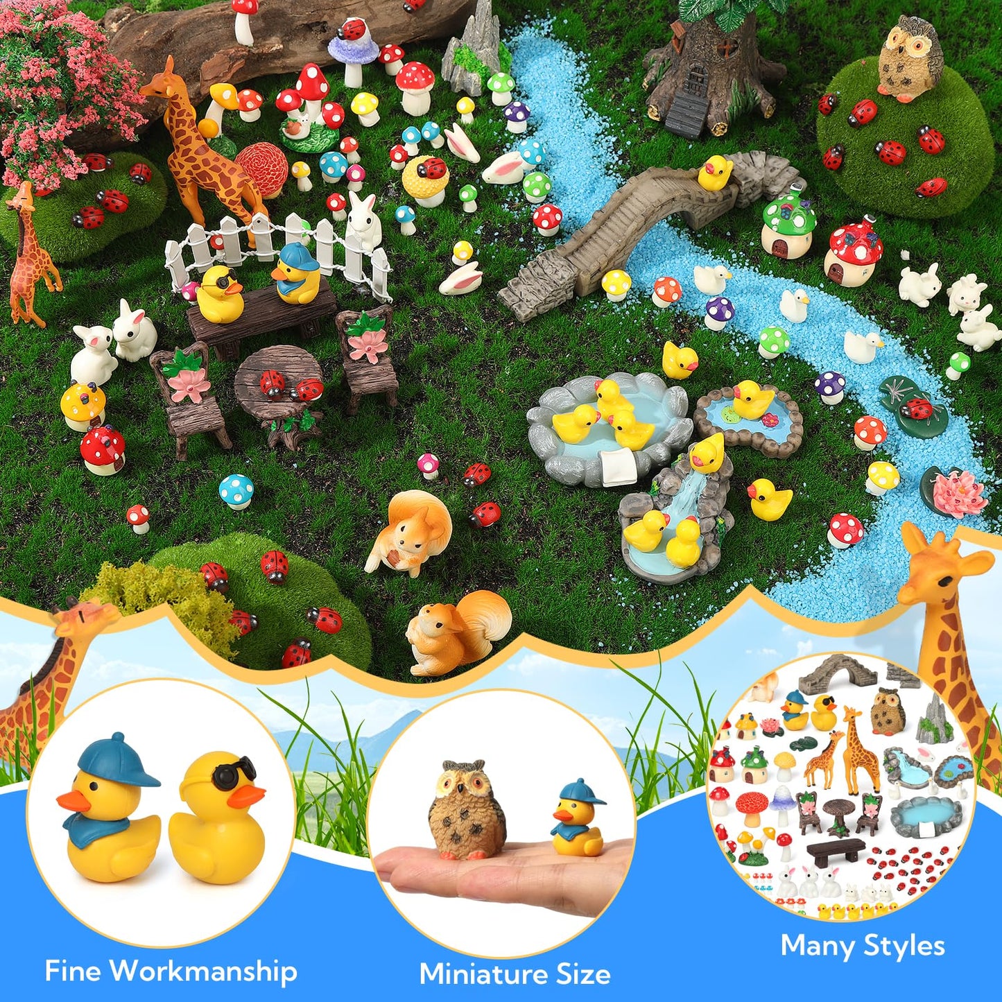 84 Pcs Fairy Garden Accessories Mini Garden Accessories Mini Resin Animals Mushroom Squirrel Duck Rabbit Bridge Pond Owl Micro Landscape Ornaments Kit for DIY Garden Dollhouse Terrarium Succulent