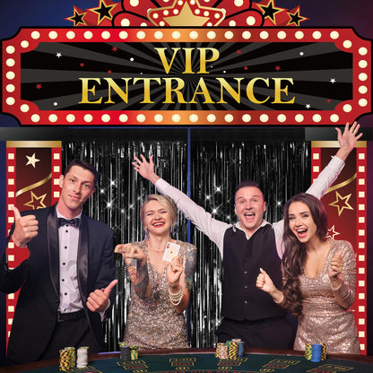 5 Pcs Casino Movie Night Porch Sign Banner with Black Foil Fringe Backdrop Casino Theme Party Decorations VIP Door Entrance Banner Red Carpet Party Decor Movie Theme Theater Birthday Party Supplies