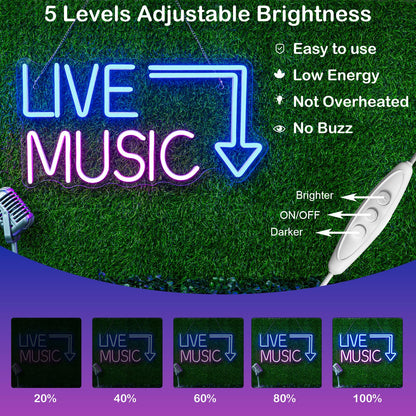 Live Music Neon Sign LED Neon Sign Large Blue and Pink Words for Music Studio USB Powered Switch for Wall Decor Beer,Bar,Bedroom,Party,Club