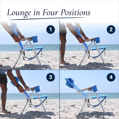 Caribbean Joe Folding Beach Chair, 4 Position Portable Backpack Foldable Camping Chair with Headrest, Cup Holder, and Wooden Armrests, Blue and Lime Stripe