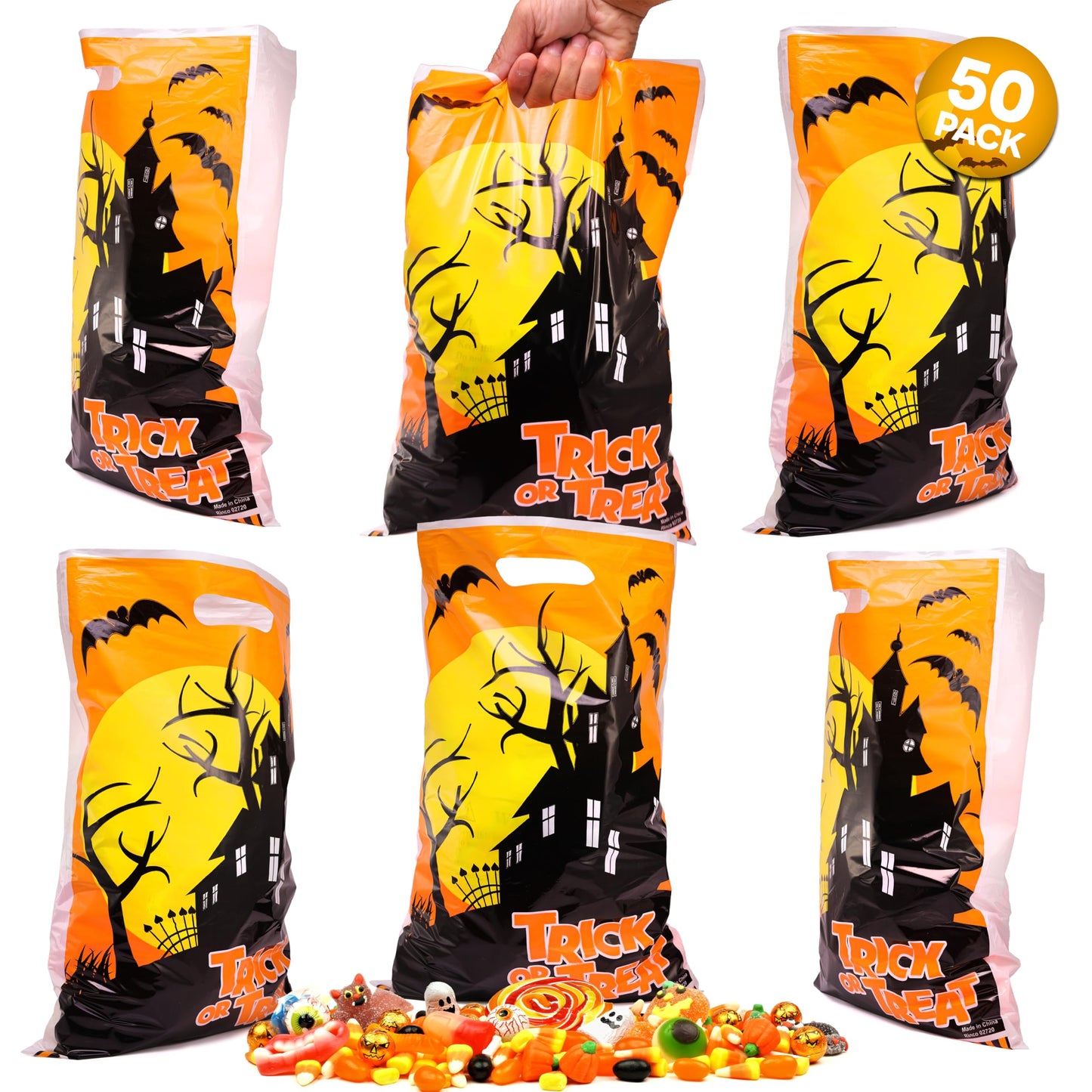 Srenta Halloween Bags - 50 Piece Set, 11x17 Inches, Plastic, Candy, Goody, Gift, Party Favor Supplies