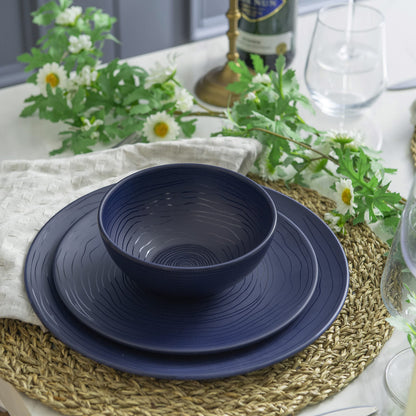 Bzyoo 12 Piece Melamine Dinnerware Set - Durable, Dishwasher Safe, Organica Navy Blue Plates and Bowls Sets Casual Dish Set for Dining, Outdoor and Kitchen