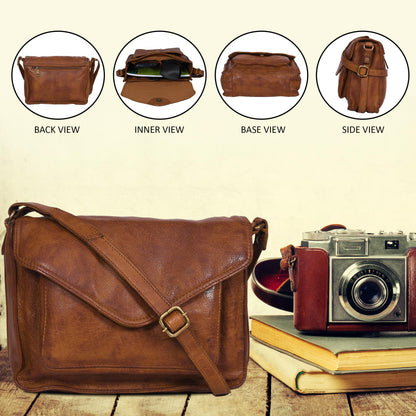Leather Flapover Crossbody Handbag Purse for Women with Adjustable Strap & Overflap Snap Closure Tote/Bag (Tan wash)