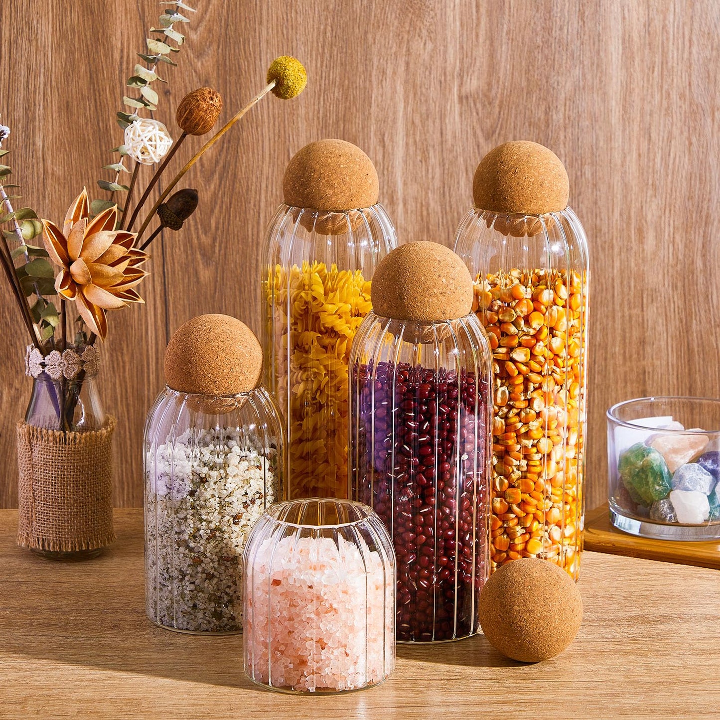 Suclain 5 Pack Glass Jar Set with Spherical Cork Ball 4 Sizes Food Storage Tank Candy Jars Coffee Canister Airtight Jars for Kitchen Ball Bottle Holder Spice Sugar Tea (Vertical Pattern Style)