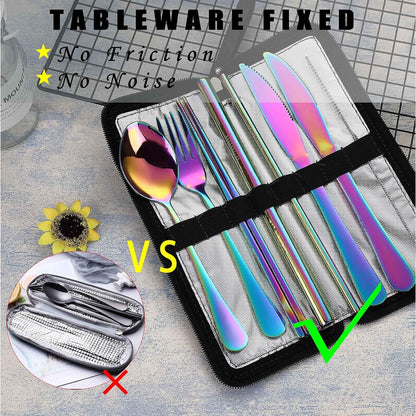 VANDBAO Portable Camping Utensils Set - Reusable Stainless Steel Cutlery with Case, Extra Steak Knife & Boba Straw