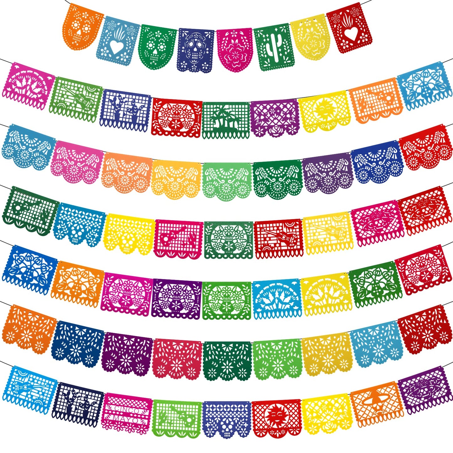 7 Pack Papel Picado Banner Mexican Party Fiesta Flag Cinco De Mayo Theme Party Decorations Day of The Dead Felt Garland Dia De Los Muertos Decor for Mexican Birthday Party Supplies, 68.6 ft Total