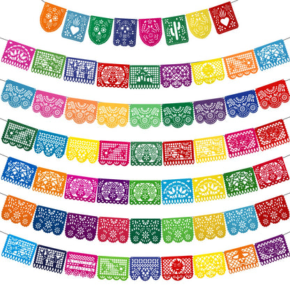 7 Pack Papel Picado Banner Mexican Party Fiesta Flag Cinco De Mayo Theme Party Decorations Day of The Dead Felt Garland Dia De Los Muertos Decor for Mexican Birthday Party Supplies, 68.6 ft Total