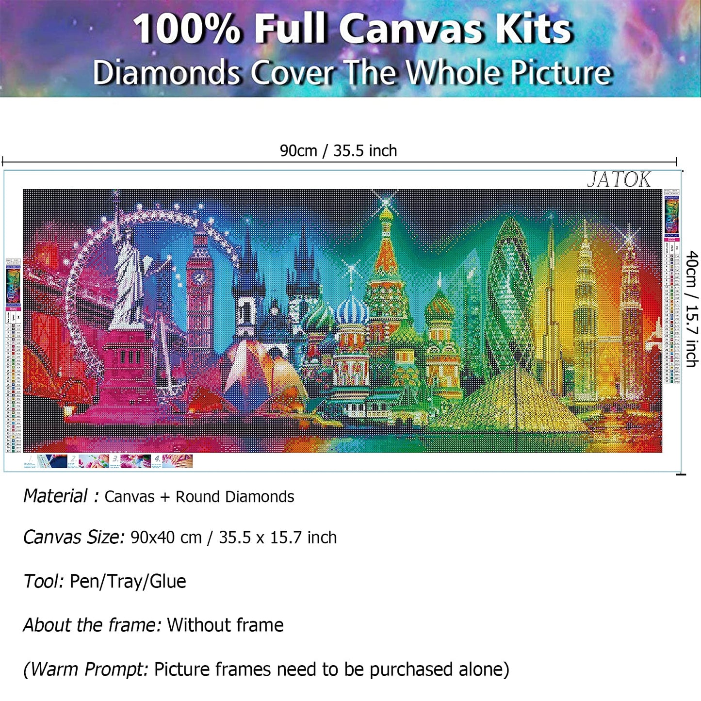 JATOK 5D Diamond Painting Kits for Adults (35.5x15.7in) DIY Large City Night Landscape Full Round Drill Embroidery Pictures Arts Paint by Number Kits Diamond Painting Kits for Home Wall Decor