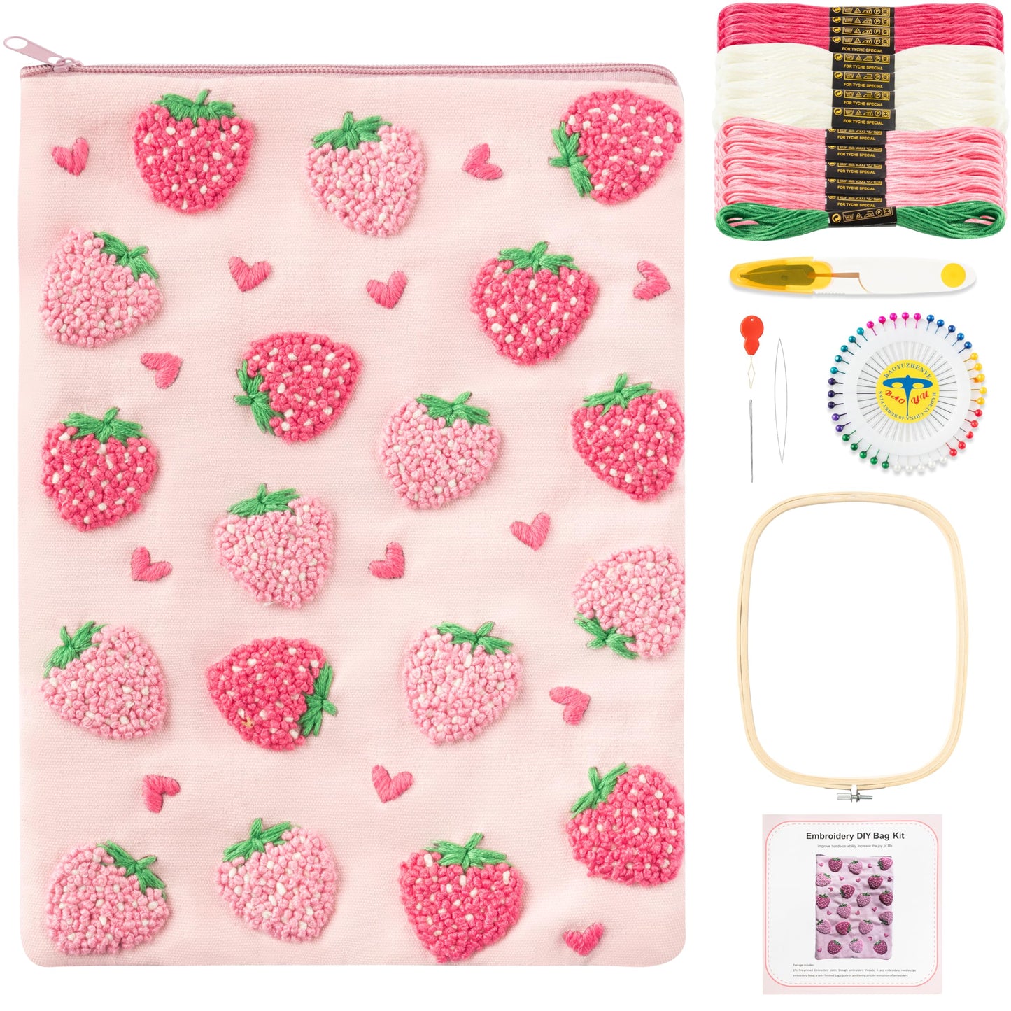 Fiupan All-in-One Strawberry Embroidery Kit - DIY Craft Kit with Thread, Fabric & Needles, Pink Embroidery Pouch for Tablet E-Reader Sleeve, Creative Birthday Gifts for Beginners（6-6.8 Inch）