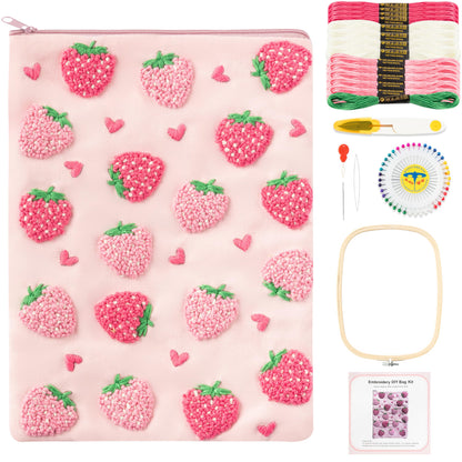 Fiupan All-in-One Strawberry Embroidery Kit - DIY Craft Kit with Thread, Fabric & Needles, Pink Embroidery Pouch for Tablet E-Reader Sleeve, Creative Birthday Gifts for Beginners（6-6.8 Inch）