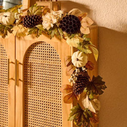 DecorbyHannah Thanksgiving Garland with Lights, 6 ft Artificial Fall Autumn Harvest Garland for Mantel, Fall Decor with Pumpkin Pinecone Lotus Maple Leaves for Front Door Table Fireplace Wall Outdoor
