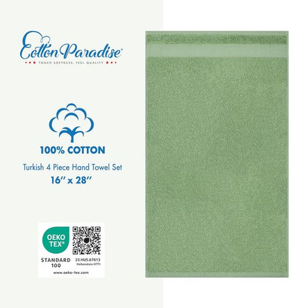 Cotton Paradise Hand Towels - 100% Turkish Cotton, Soft & Absorbent | 4-Piece Sage Green Set