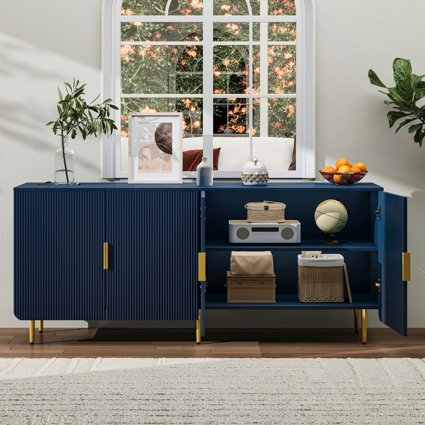 Tantmis 65" Fluted Sideboard Buffet Cabinet with Storage, Console Cabinet with 4 Doors & Adjustable Shelves, Modern Buffet Table for Kitchen Dining Living Room Hallway‌ Entryway, Blue