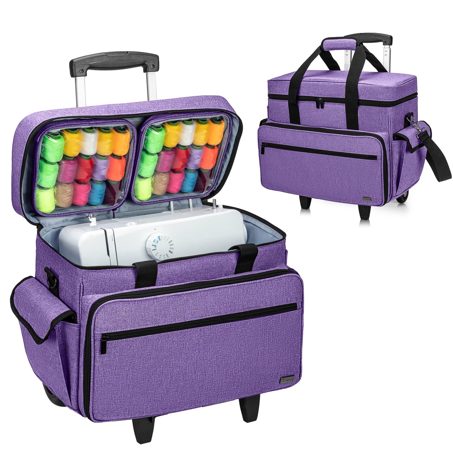 Teamoy Sewing Machine Case with Detachable Wheels, Rolling Sewing Machine Tote with Wheels and Bottom Wooden Pad, Compatible with Singer, Brother and Most Majority Machines and Accessories, Purple