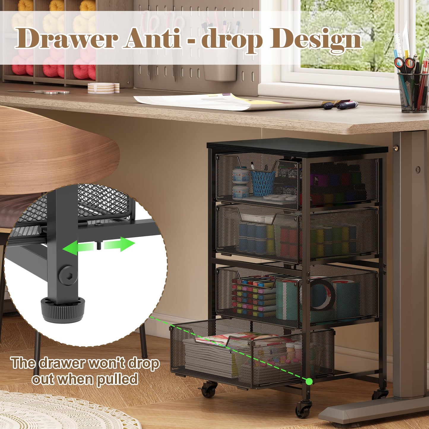 Rolling Cart with Drawers, 4-Drawer Storage Cart on Wheels with Wooden Top, Metal Utility Cart with Storage Drawers, Craft Storage Art Cart for Classroom, Office, Kitchen, Bedroom,Patent Pending