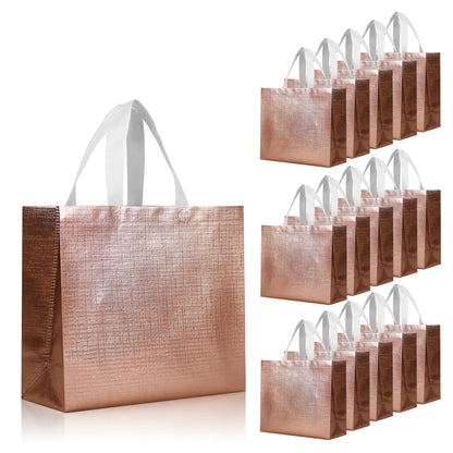 cabzymx 16 Pcs Rose Gold Reusable Gift Bags with Bases, 12.6x4.7x11 In Wedding Welcome Bags Bulk, Non-woven Holiday Party Bag for Birthday, Wedding, Parties, Halloween, Christmas