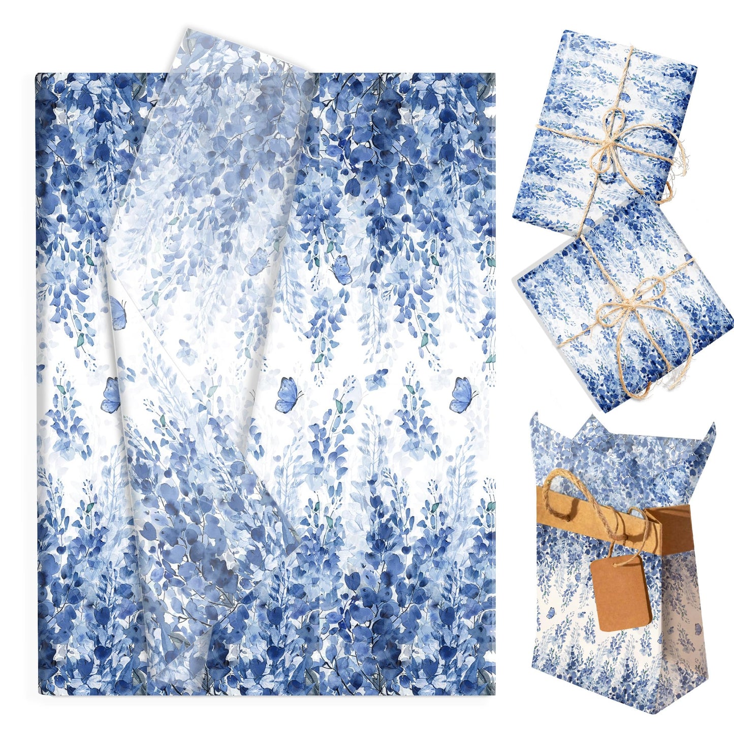 100 Sheets Blue Eucalyptus Leaf Tissue Paper Blue Botanical Leaves Wrapping Paper DIY Arts Tissue for Birthday Wedding Bridal Baby Shower Party Decor Supplies, 13.8 x 19.7 inches