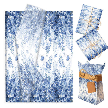 100 Sheets Blue Eucalyptus Leaf Tissue Paper Blue Botanical Leaves Wrapping Paper DIY Arts Tissue for Birthday Wedding Bridal Baby Shower Party Decor Supplies, 13.8 x 19.7 inches