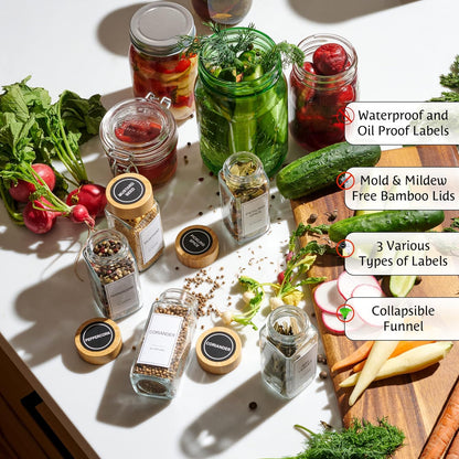 24-Piece Set Spice Jars by Le'raze: Glass Jars with Bamboo Lids, Labels & Funnel, Airtight Kitchen Storage