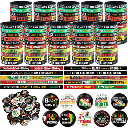 Remuuly 200 Pcs Black History Month Accessories Set Include 100 Silicone Bracelet 100 Inspirational Pin for African Afro American Festival Black American Celebration Accessories